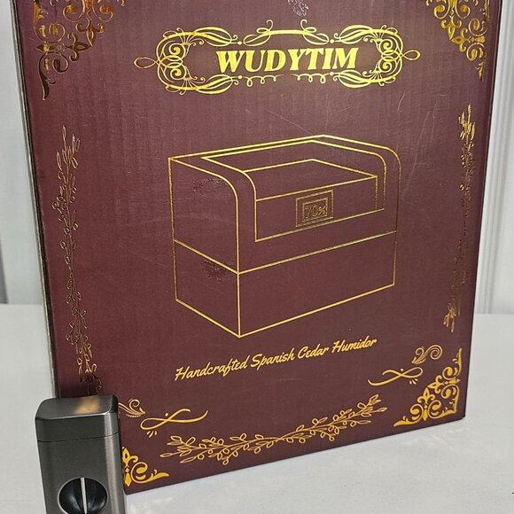 Wudytim Cigar Humidor Spanish Cedar Digital Hygrometer Box Glossy Torch Lighter - Picture 7 of 12